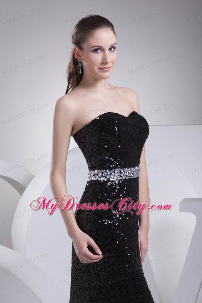 Black Sequin Sweetheart Brush Train Prom Evening Dress for Party