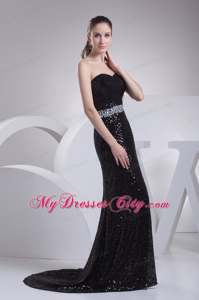 Black Sequin Sweetheart Brush Train Prom Evening Dress for Party