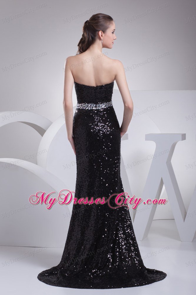 Black Sequin Sweetheart Brush Train Prom Evening Dress for Party