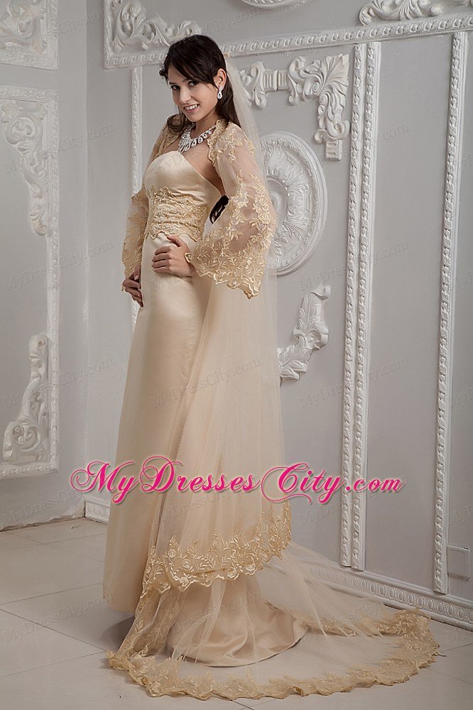 Champagne Column Strapless Brush Train Prom Formal Dress