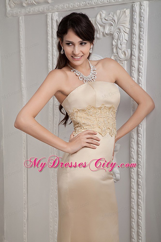 Champagne Column Strapless Brush Train Prom Formal Dress