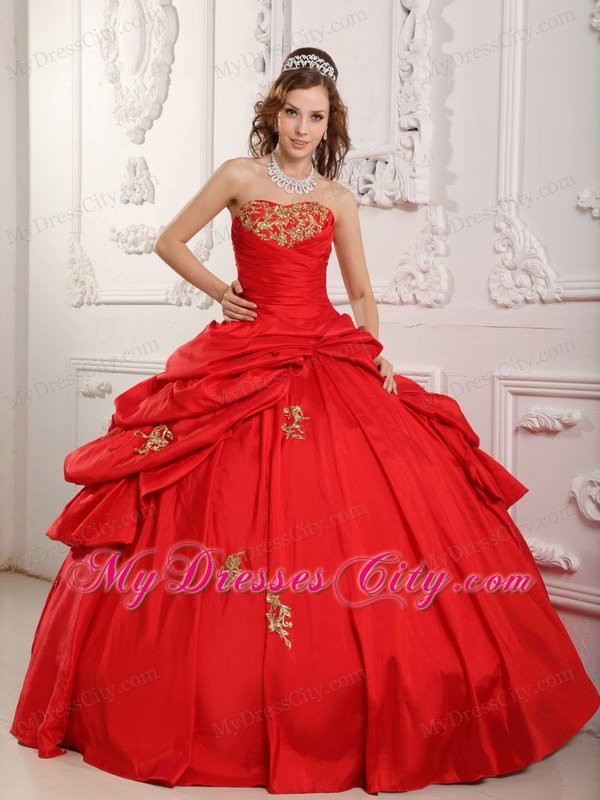 Customize Red Sweetheart Appliqued Sweet 15 Dresses