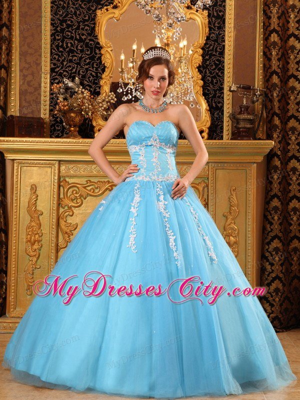 Baby Blue Sweetheart Tulle Sweet Sixteen Appliqued Dresses