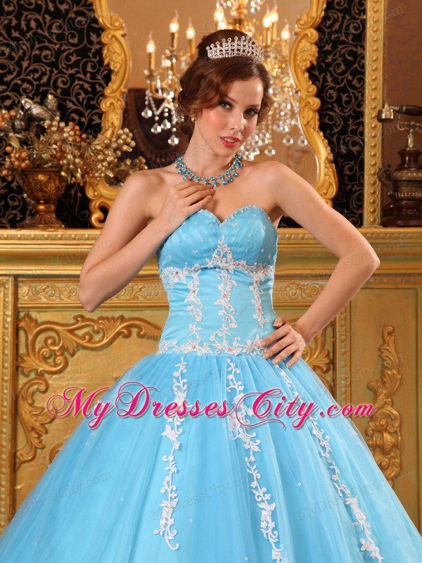 Baby Blue Sweetheart Tulle Sweet Sixteen Appliqued Dresses