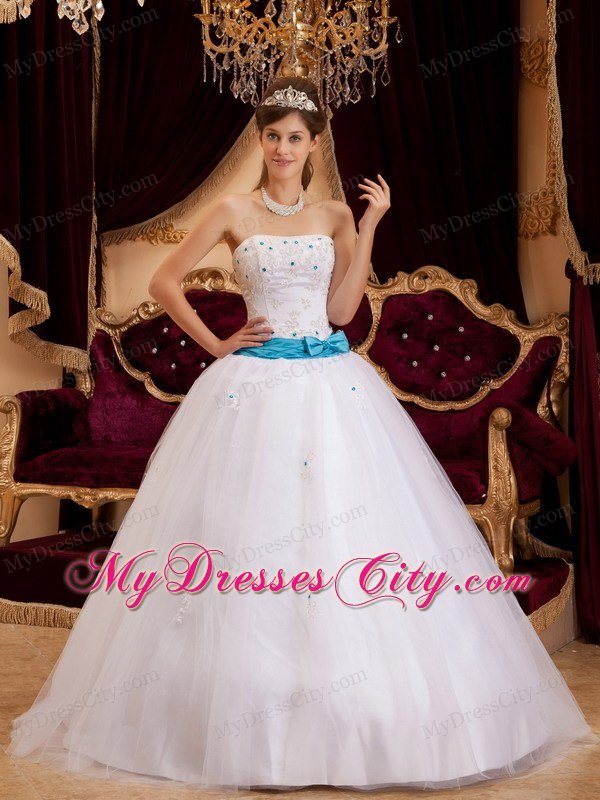 White Strapless Sweet 15 16 Birthday Dress with Blue Bow