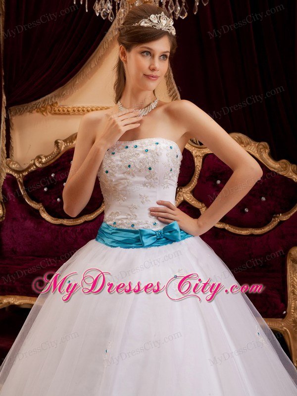 White Strapless Sweet 15 16 Birthday Dress with Blue Bow