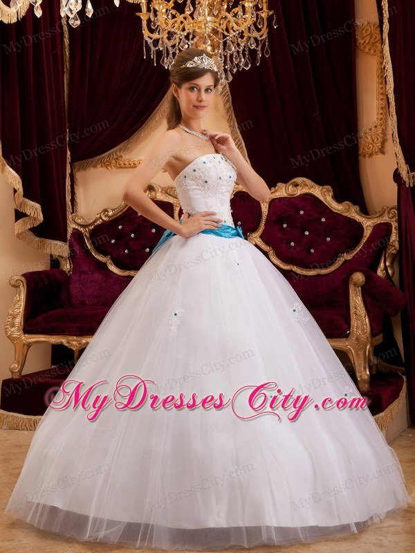 White Strapless Sweet 15 16 Birthday Dress with Blue Bow