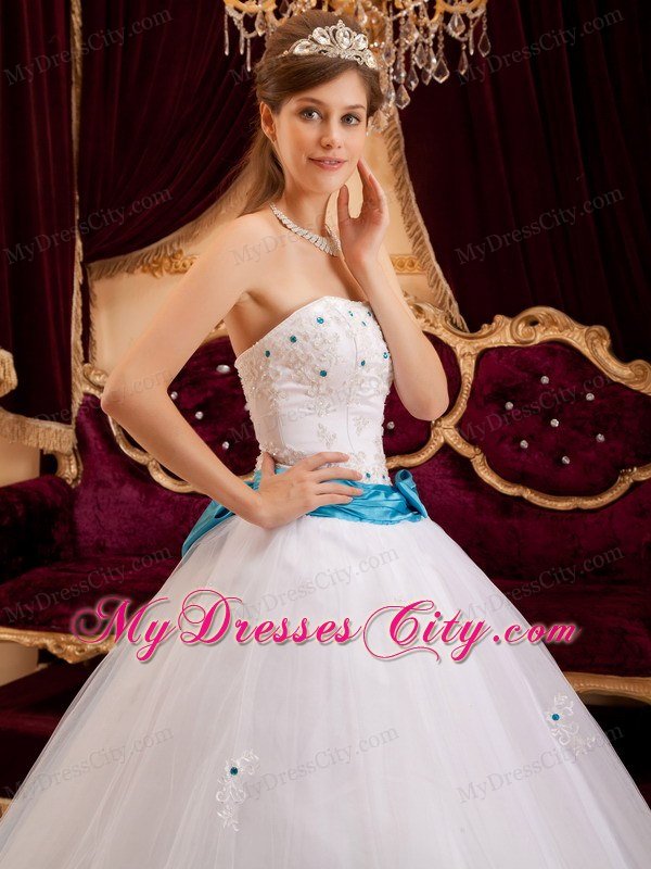 White Strapless Sweet 15 16 Birthday Dress with Blue Bow