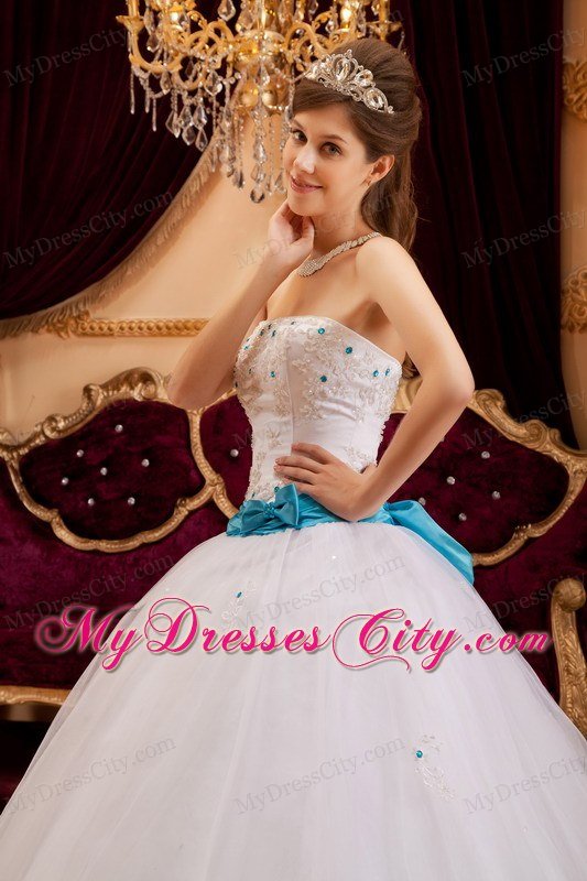 White Strapless Sweet 15 16 Birthday Dress with Blue Bow