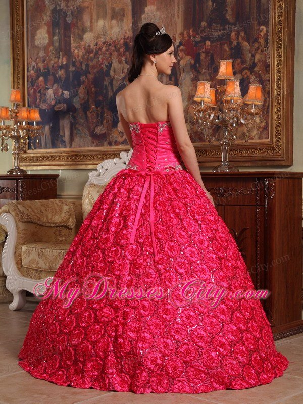 Red Strapless Fabric With Roling Flowers Dress for Sweet 16