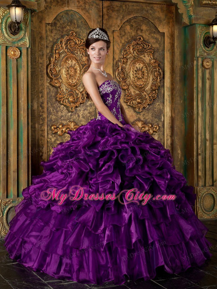 Purple Strapless Ruffled Quinceanera Dress Organza Made