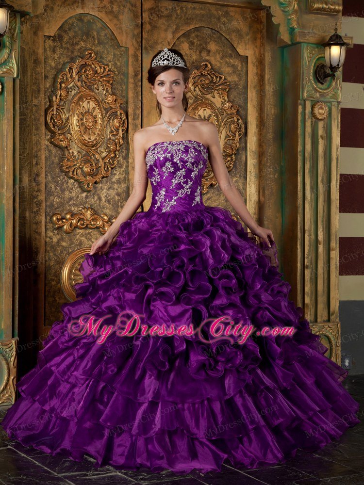 Purple Strapless Ruffled Quinceanera Dress Organza Made