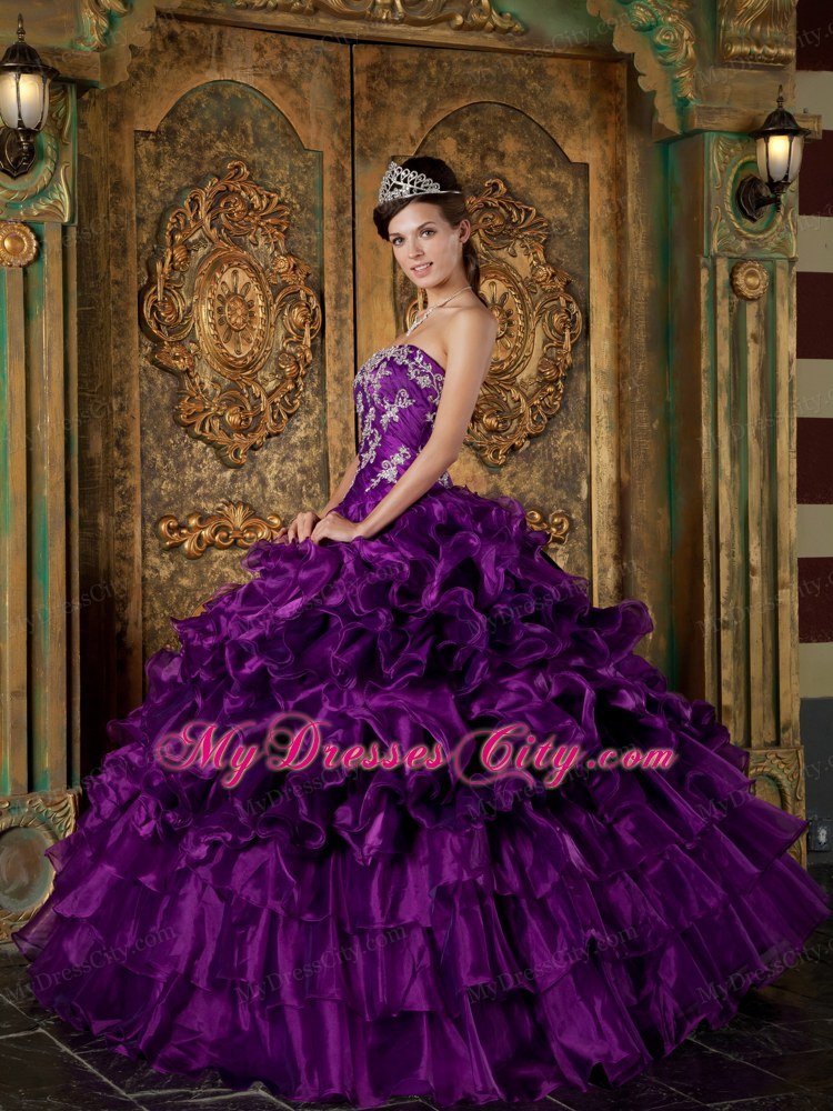 Purple Strapless Ruffled Quinceanera Dress Organza Made