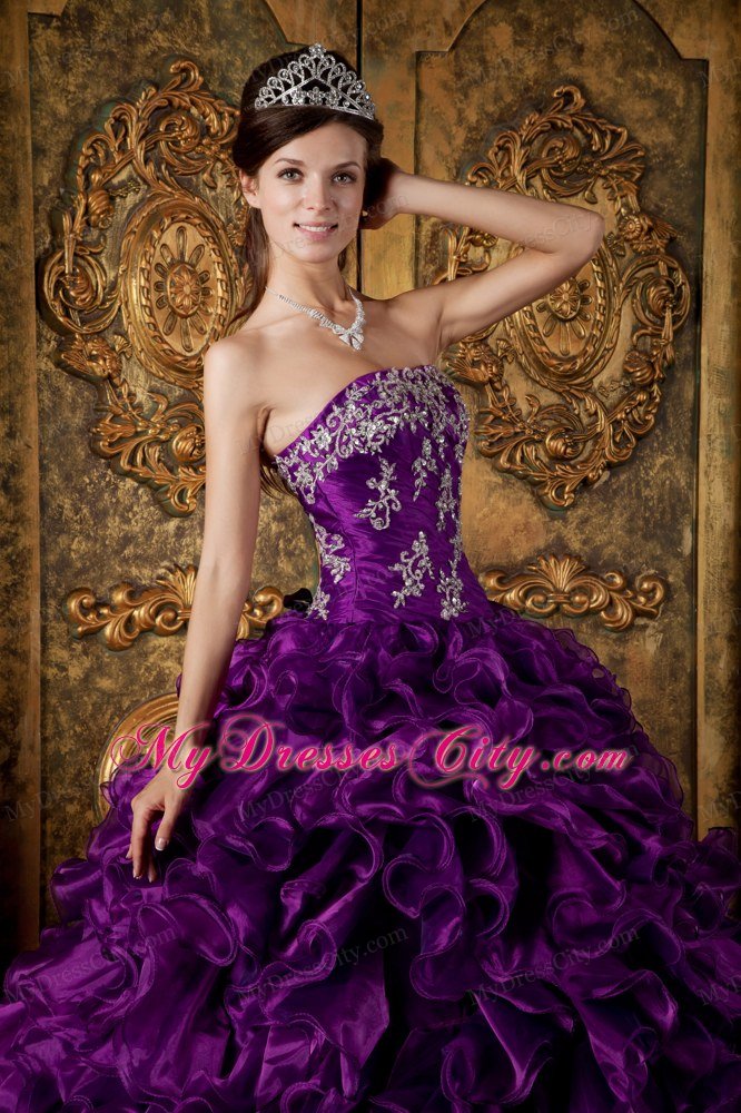 Purple Strapless Ruffled Quinceanera Dress Organza Made