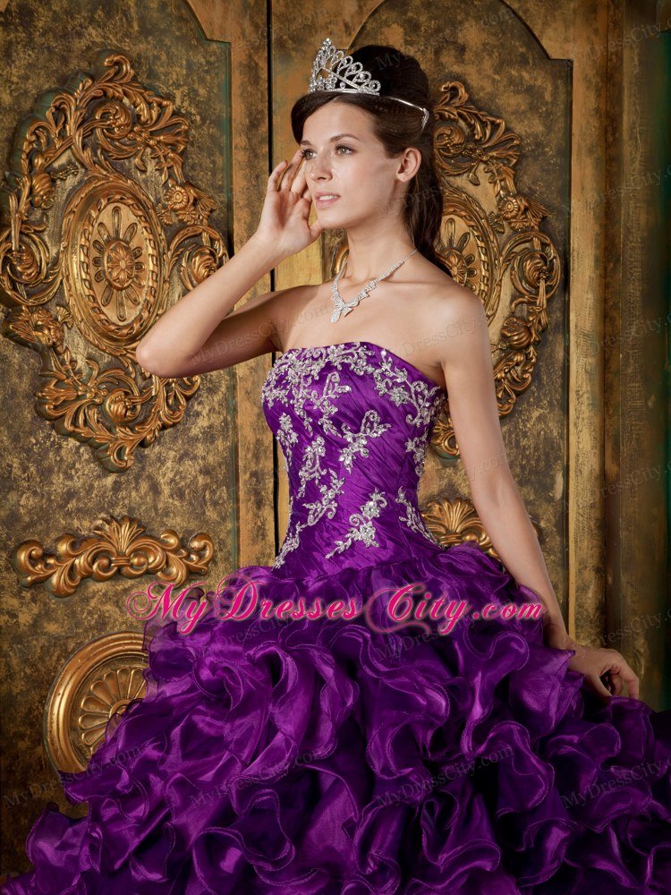 Purple Strapless Ruffled Quinceanera Dress Organza Made