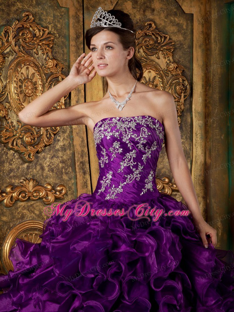 Purple Strapless Ruffled Quinceanera Dress Organza Made