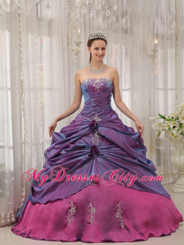 Purple Taffeta Quinceanera Dress Strapless with Appliques