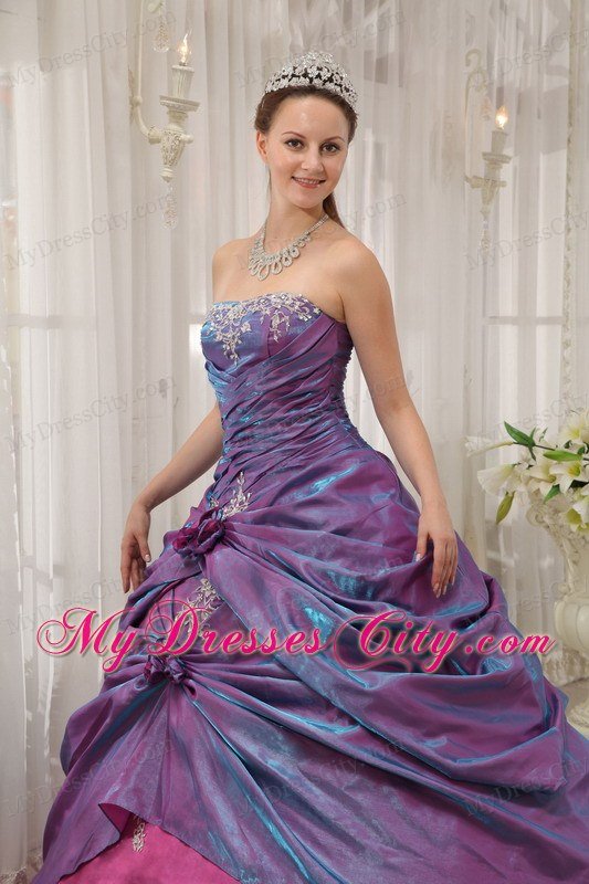 Purple Taffeta Quinceanera Dress Strapless with Appliques