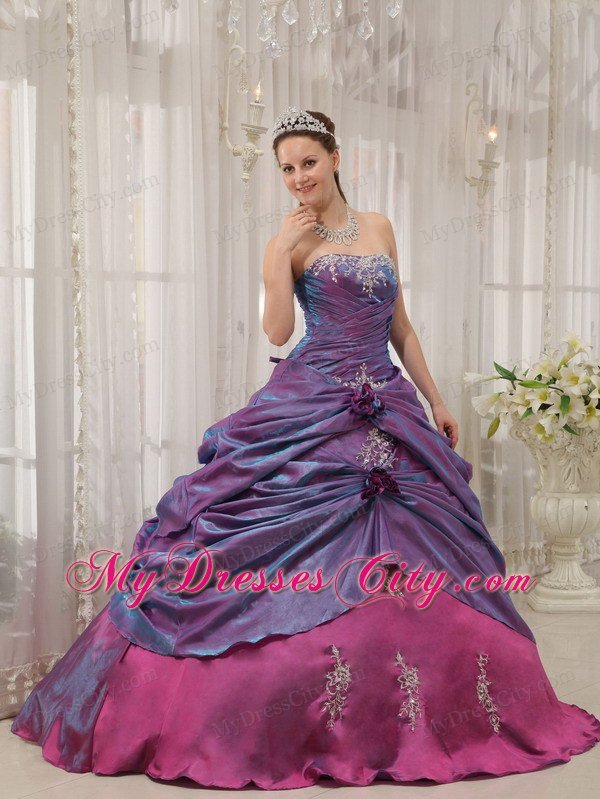 Purple Taffeta Quinceanera Dress Strapless with Appliques