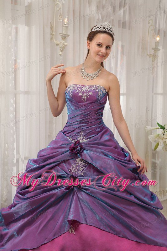 Purple Taffeta Quinceanera Dress Strapless with Appliques