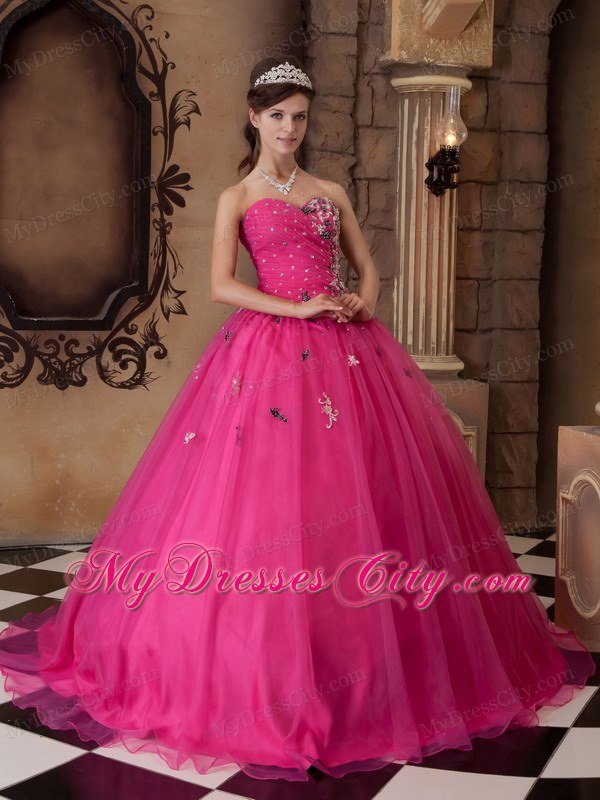 Hot Pink Sweetheart Organza Quinceanera Dress Beaded