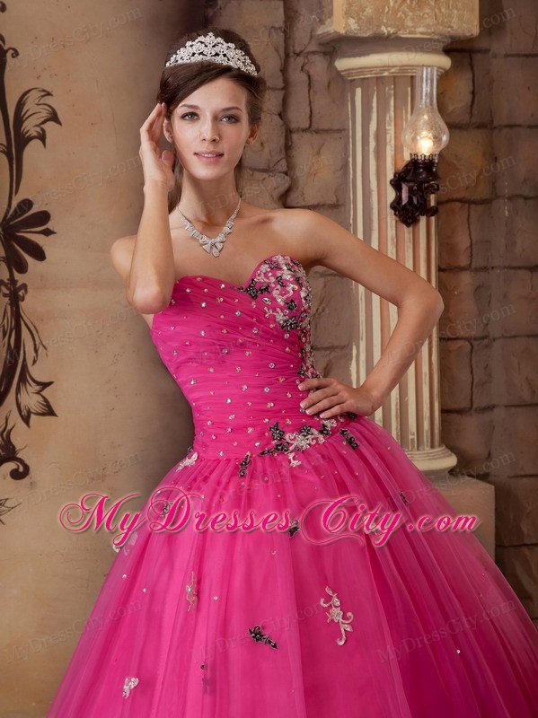 Hot Pink Sweetheart Organza Quinceanera Dress Beaded