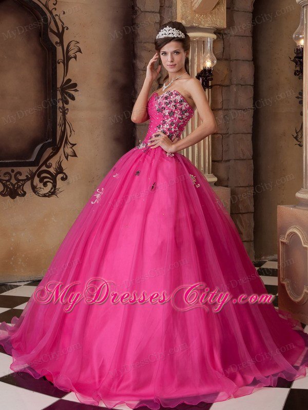 Hot Pink Sweetheart Organza Quinceanera Dress Beaded