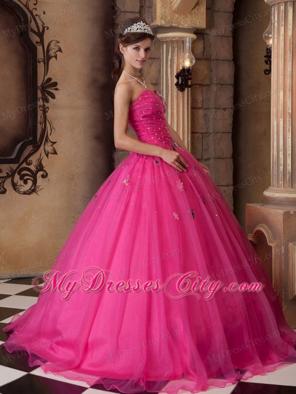 Hot Pink Sweetheart Organza Quinceanera Dress Beaded