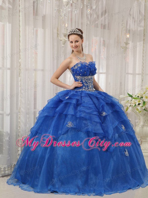 Strapless Organza Appliqued Quinceanera Dress in Blue