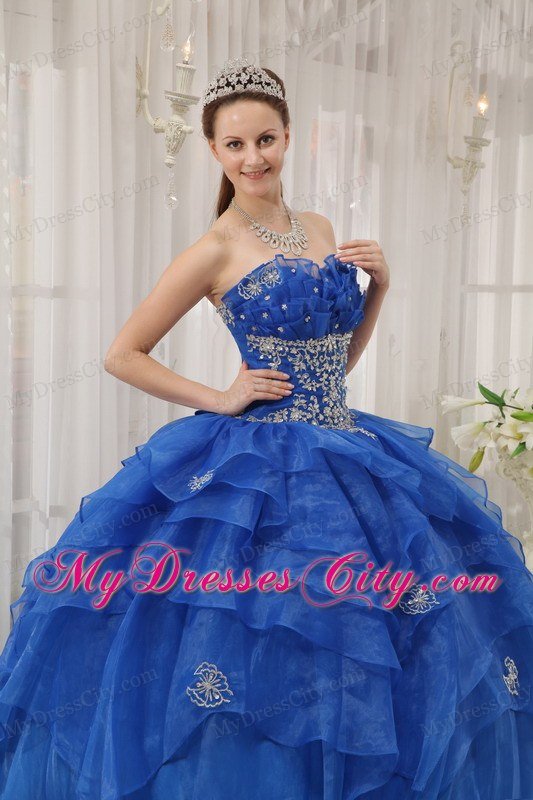 Strapless Organza Appliqued Quinceanera Dress in Blue