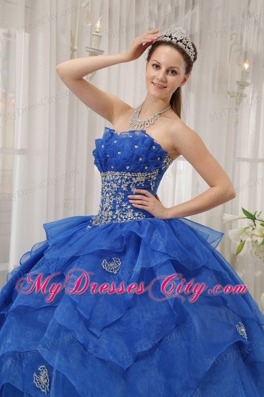 Strapless Organza Appliqued Quinceanera Dress in Blue