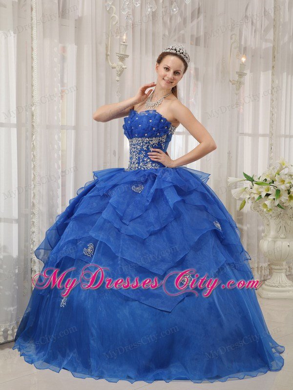 Strapless Organza Appliqued Quinceanera Dress in Blue