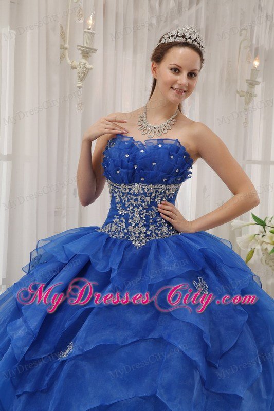 Strapless Organza Appliqued Quinceanera Dress in Blue