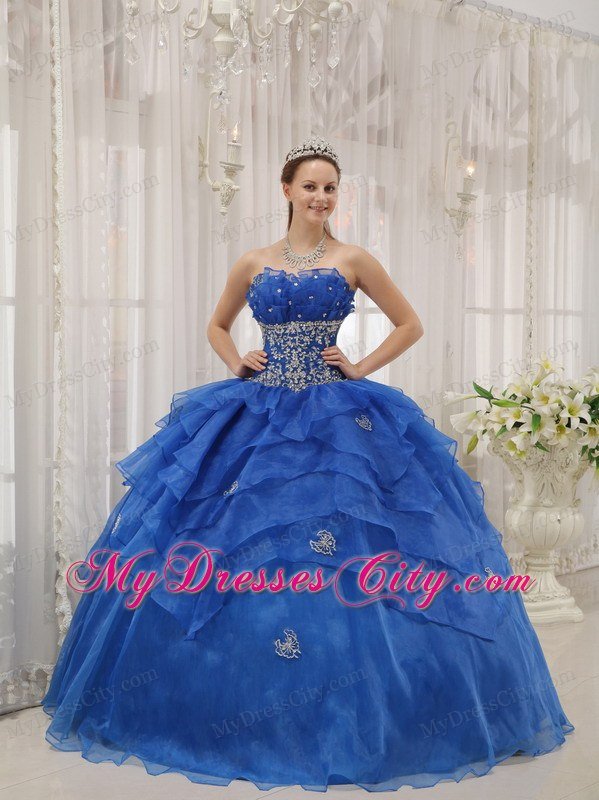 Strapless Organza Appliqued Quinceanera Dress in Blue