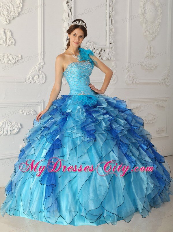 Aqua Blue Single Shoulder Satin Quinceanera Dress