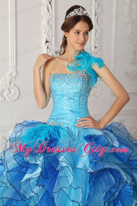 Aqua Blue Single Shoulder Satin Quinceanera Dress