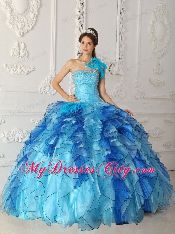 Aqua Blue Single Shoulder Satin Quinceanera Dress