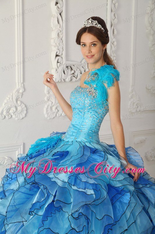 Aqua Blue Single Shoulder Satin Quinceanera Dress