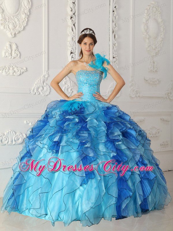 Aqua Blue Single Shoulder Satin Quinceanera Dress