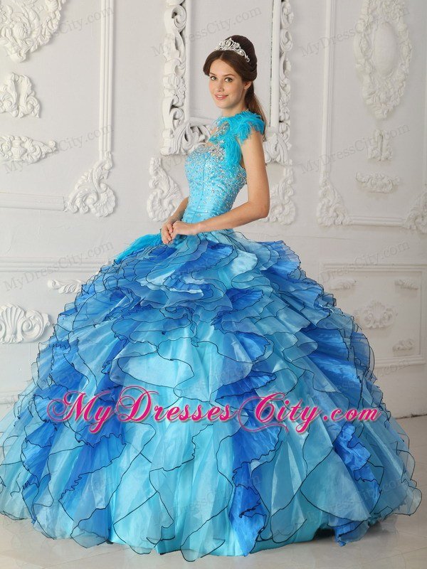 Aqua Blue Single Shoulder Satin Quinceanera Dress