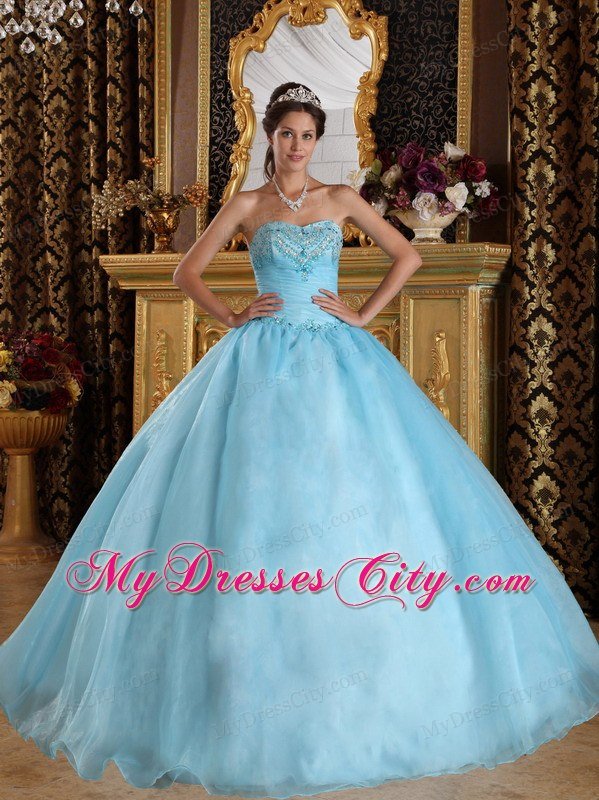 Aqua Blue Sweetheart Organza Beading Quinceanera Dress