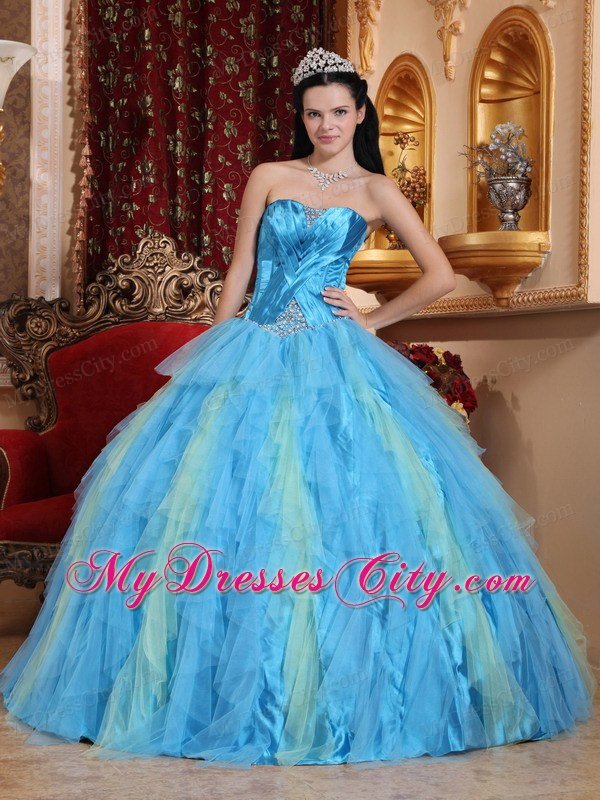 Aqua Blue Sweetheart Beaded Tulle Quinceanera Dress