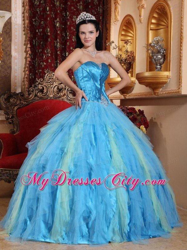 Aqua Blue Sweetheart Beaded Tulle Quinceanera Dress