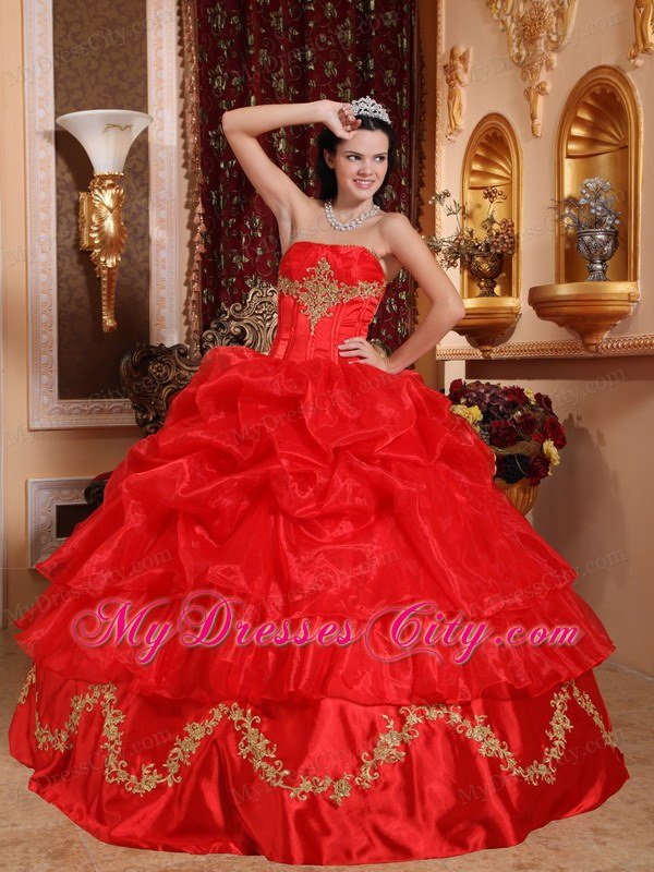 Red Strapless Appliqued Organza Quinceanera Dress