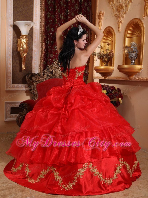 Red Strapless Appliqued Organza Quinceanera Dress