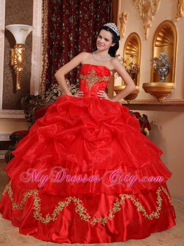 Red Strapless Appliqued Organza Quinceanera Dress