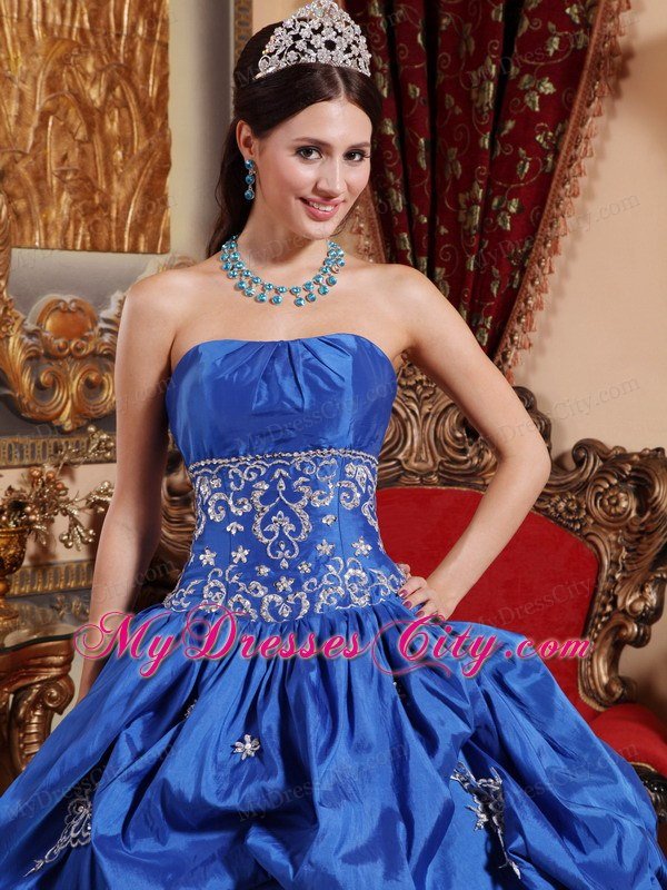 Appliqued Strapless Blue Quinceanera Party Dress