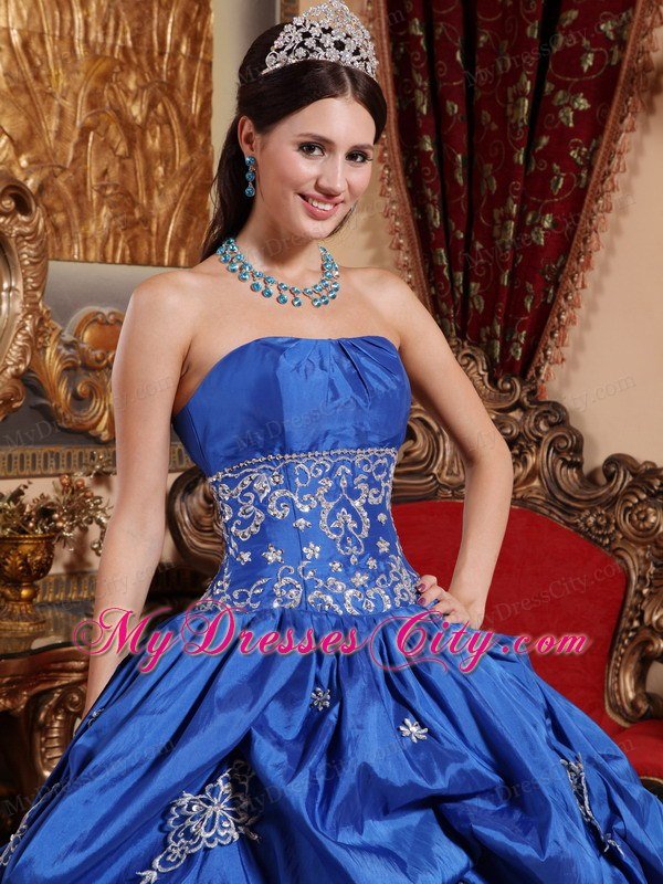 Appliqued Strapless Blue Quinceanera Party Dress