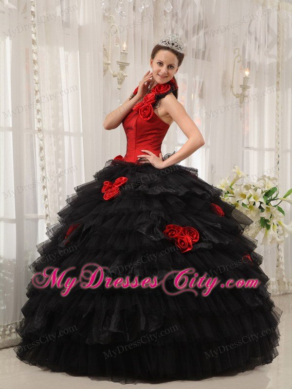 Red and Black Halter Top Ruffled Dress for Quince