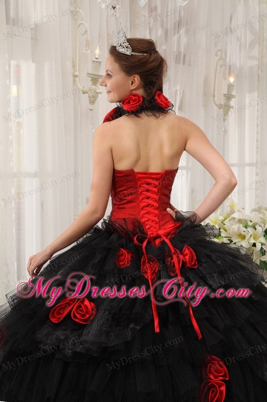 Red and Black Halter Top Ruffled Dress for Quince